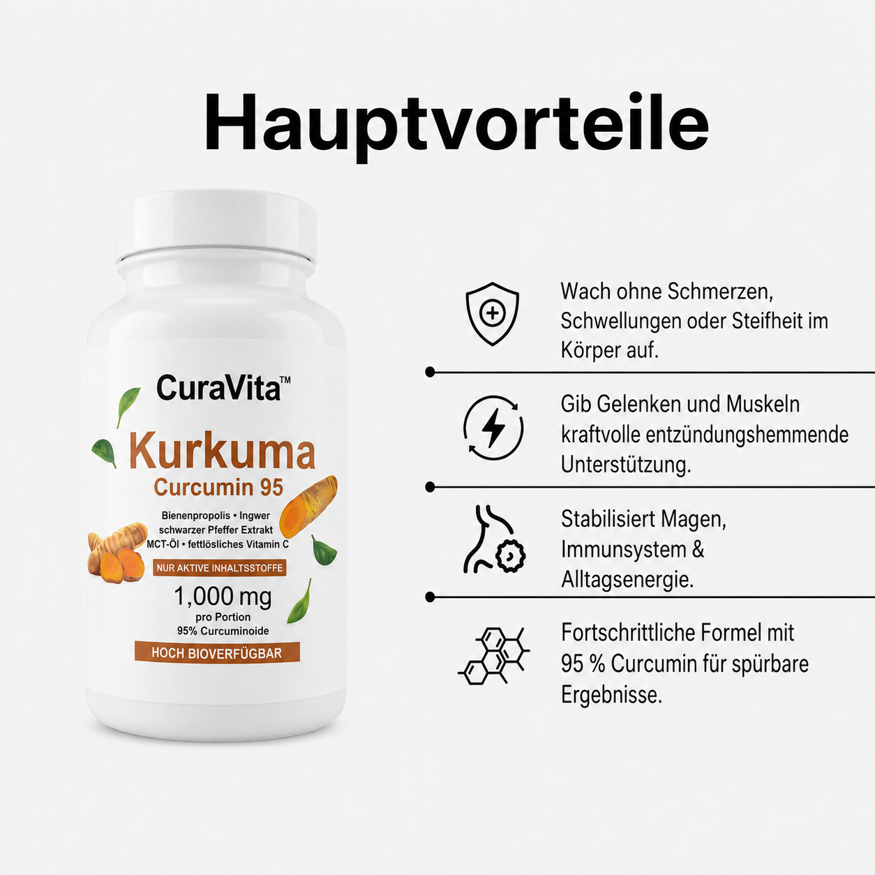 Curavita™ Kurkuma Curcumin 1000mg | 95 % Curcumin. Optimale Aufnahme. Spürbare Ergebnisse.